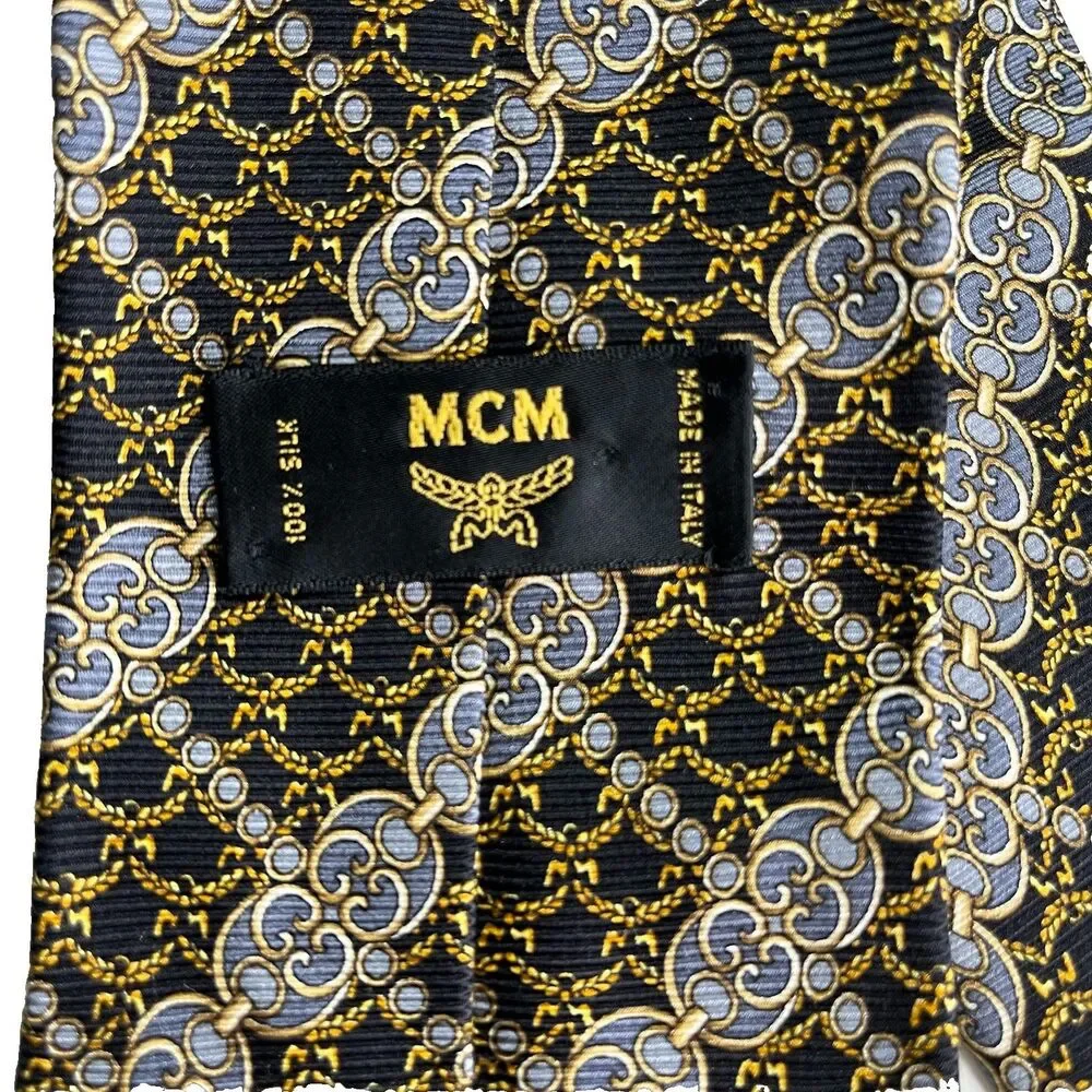 MCM Luxury Silk Paisley Tie Gold Black n Blue Elegant Formalwear Made In Italy